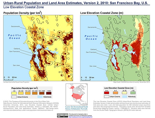 Population density and low elevation coastal zones in San Francisco Bay (2010). The San Francisco Bay is especially vulnerable to sea level rise.