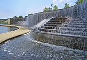 Volker Fountain, 28-foot-high (8.5 m) waterfall and basin along Brush Creek, Volker Boulevard, between Oak St. and Rockhill Road. Volker Fountain Waterfall Kansas City MO.jpg