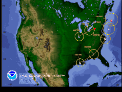 Weather Prediction Center (WPC) graphic showing the track of the low-pressure associated with the storm WPC LPA Forecast Feb 7 2013 0000z.gif