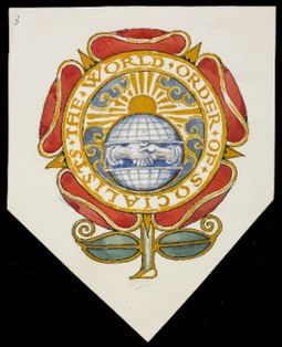 Emblem for "The World Order of Socialists" with a red rose, substituting the shield of arms, containing a handshake stretching a rationally devised globe under a rising sun, designed by Walter Crane, c. 1915 Walter Crane emblem for The World Order of Socialists.jpg