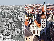 Bombing damage to the Altstadt. Note the roofless and pockmarked Altes Rathaus looking up the Tal. The roofless Heilig-Geist-Kirche is on the right of the photo. Its spire, without the copper top, is behind the church. The Talbruck gate tower is missing completely.