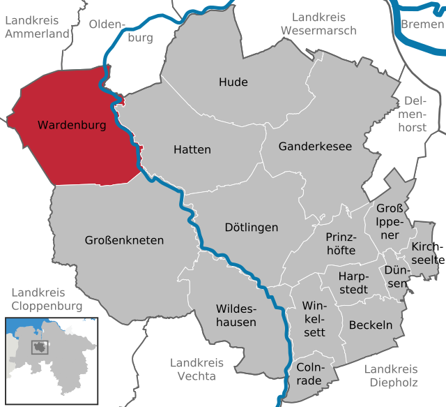 Poziția comunei Wardenburg pe harta districtului Oldenburg