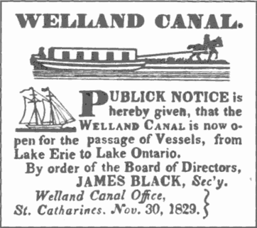 A public(k) notice in a newspaper announcing the opening of the canal Welland Canal - First Canal open notice.gif