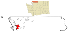 Whatcom County içindeki Bellingham (Kırmızı boyali alan) ve Washington Eyaleti