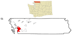 Bellingham's location (red, southwest corner at lower left) in Whatcom County (brown, northwest corner at upper left), in the state of ایالت واشینگتن