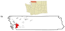 Whatcom County Washington Incorporated og Unincorporated områder Bellingham Highlighted.svg