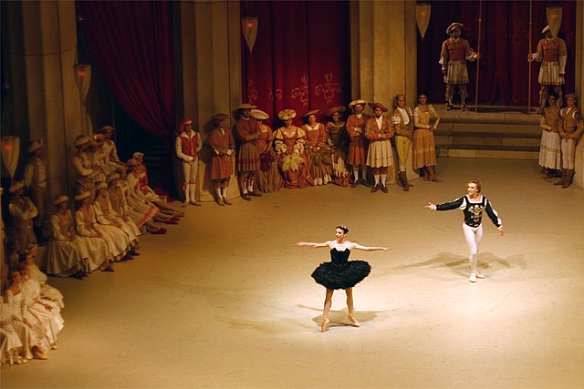 The scene from the ballet Swan Lake in which the Black Swan (Odile) tricks and seduces the Prince