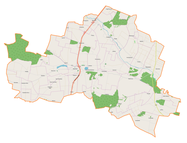 Mapa konturowa gminy Wodzisław, w centrum znajduje się punkt z opisem „Wodzisław”