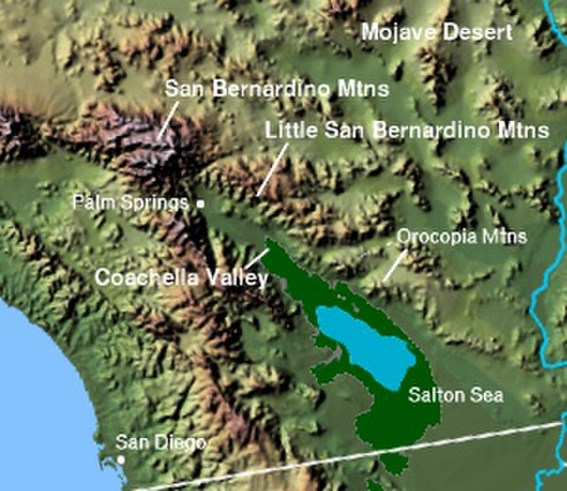 Region of Lake Cahuilla; the dark green patch is the rough extent of Lake Cahuilla