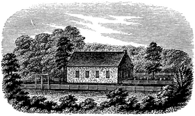 A drawing of a brick, gable roof church with a graveyard to the right and surrounding fences and trees.