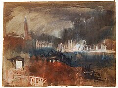 The Campanile of San Marco, Venice, from the Hotel Europa (Palazzo Giustinian) at Night, with Fireworks over the Molo - William Turner in Tate Britain