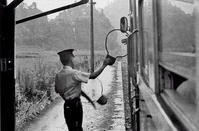 Tablet exchange on the Yabakei Railway, ~1975