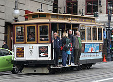 A San Francisco cable car: a cable pulled system, still operating as of 2017 11 Cable Car on Powell St crop, SF, CA, jjron 25.03.2012.jpg