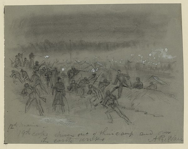 The 12th Maine in a skirmish during Sheridan's Shenandoah Valley Campaign, sketched by Alfred Waud, 1864 12th Maine-19th corps driven out of their camp and over the earth works LCCN2004660024.jpg