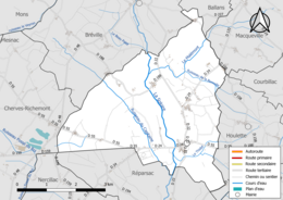 Carte en couleur présentant le réseau hydrographique de la commune