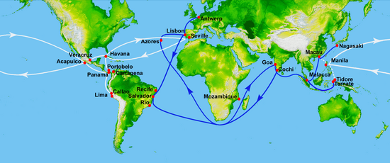 16th-century trade routes prey to privateering: Spanish treasure fleets linking the Caribbean to Seville, Manila-Acapulco galleons started in 1568 (white) and rival Portuguese India Armadas of 1498-1640 (blue) 16th century Portuguese Spanish trade routes.png