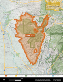 The perimeter of the Park Fire stretches in a jagged oval shape north of Chico, south of State Route 44, east of State Route 99, and west of State Route 32.