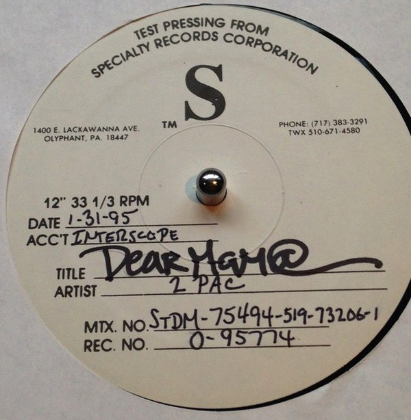 The test pressing single for "Dear Mama": the Platinum single is among the top-ranked songs in hip-hop history.
