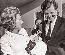 Kennedy's mother and uncle Ted introducing the newborn Kennedy to the media at Georgetown University Hospital on December 19, 1968, a week after her birth 3W-0174-Edit (CMYK) - Rory Kennedy (1).jpg