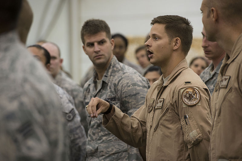 File:A U.S. Air Force lieutenant, second from right, asks Secretary of Defense Chuck Hagel a question during a visit April 25, 2013, at an undisclosed location in Southwest Asia 130425-D-BW835-232.jpg