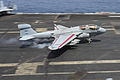 A U.S. Navy EA-6B Prowler aircraft assigned to Electronic Attack Squadron (VAQ) 142 lands on the flight deck aboard the aircraft carrier USS Nimitz (CVN 68) in the Gulf of Oman June 15, 2013 130615-N-TW634-054.jpg