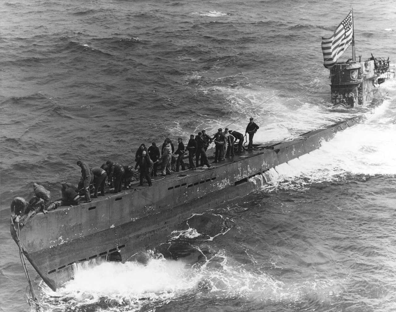 U-505<em> flying an American flag shortly after she was captured (U.S. Navy)</em>