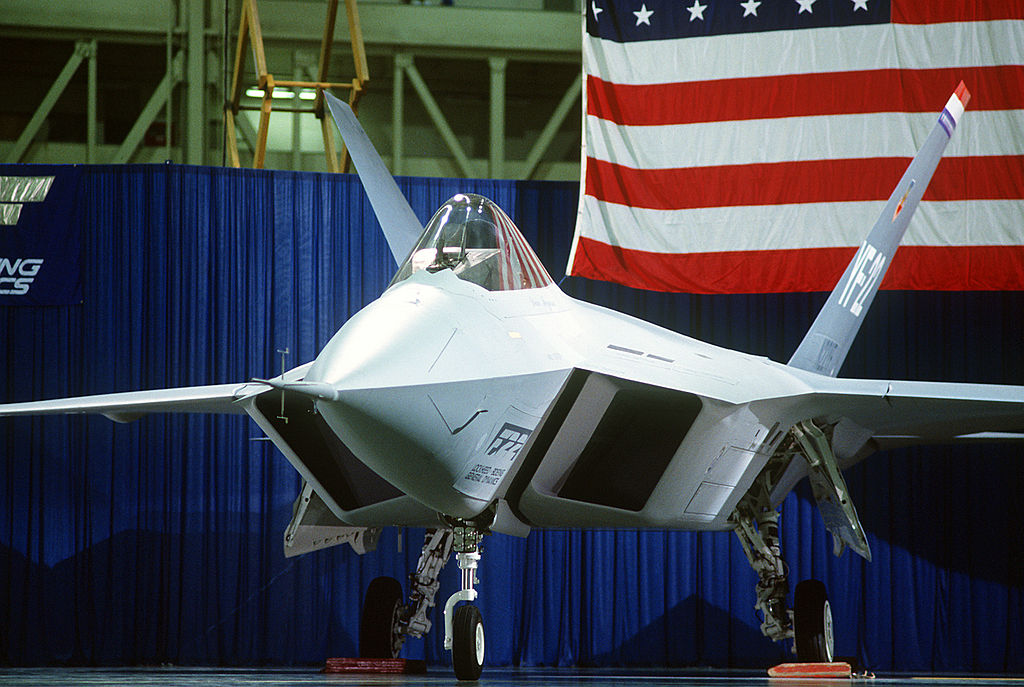 A close-up left front view of a prototype YF-22 Advanced Tactical Fighter (ATF) aircraft DF-ST-91-03066