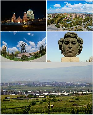 From top left: Surp Hovhannes Church • Abovyan skyline Friendship Square • Khachatur Abovyan's bust General view of Abovyan