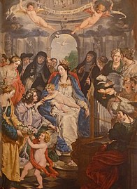 Tableau représentant une foule de femmes, dont des religieuses. Au centre, une Vierge à l'Enfant, surmontée de 2 anges.