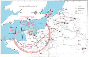 Een kaart van Zuid-Groot-Brittannië, Noord-Frankrijk en België, gemarkeerd met de routes die de geallieerde lucht- en marine-invasietroepen gebruikten bij de landingen op D-Day, gebieden waar geallieerde vliegtuigen patrouilleerden, locaties van spoorwegdoelen die werden aangevallen en gebieden waar vliegvelden zouden kunnen zijn gebouwd