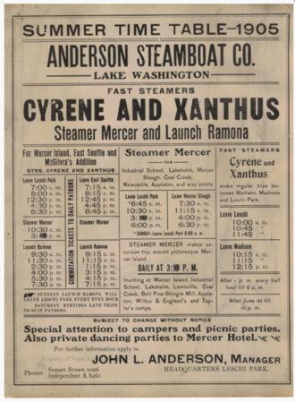 Anderson Steamboat Company advertising Cyrene in 1905 Anderson Steamboat Company 1905 Time Table.png