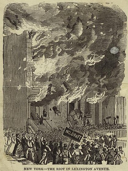 Rioters attacking a building during the New York anti-draft riots of 1863