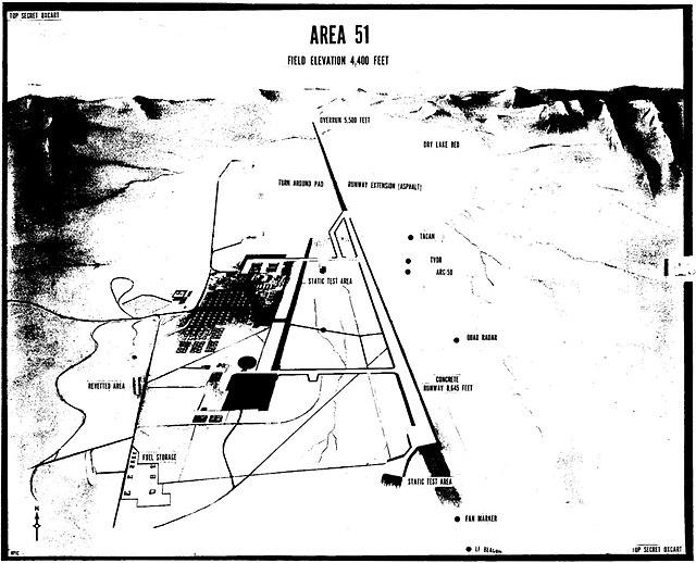 A 1966 Central Intelligence Agency (CIA) diagram of Area 51, found in an untitled, declassified paper, showing the runway overrun for OXCART (Lockheed