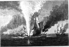 Augusta and Merlin aground and on fire after the attack on Fort Mercer, 23 October 1777 Augusta and Merlin on fire.png