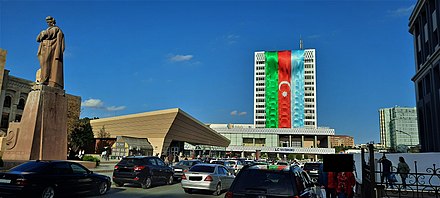 Azerbaijani flag in Jafar Jabbarly Square near the 28 May station in Baku on 10 October 2020.