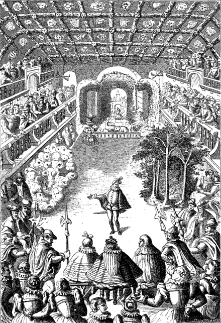 Engraving of the first scene of the Ballet Comique de la Reine. Click to enlarge.
