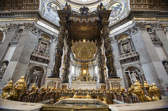 Details of the ceiling, dome and Bernini Baldacchino or Baldaquin at St Peter's Basilica or Basilica di San Pietro, Rome, Italy