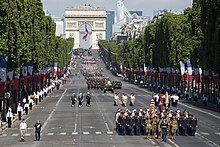 The inspiration for a military parade in the United States was based in part to Trump's attendance at the 2017 Bastille Day military parade (seen here). Bastille Day Parade 170714-D-PB383-005 (35087624434).jpg