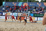 Deutsch: Beachhandball Europameisterschaften 2019 (Beach handball Euro); Tag 6: 7. Juli 2019 – Spiel um Platz Drei, Männer, Ungarn-Russland 2:0 (26:20, 23:22) English: Beach handball Euro; Day 6: 7 July 2019 – Men's Bronze Medal Match – Hungary-Russia 2:0 (26:20, 23:22)