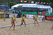 Deutsch: Beachhandball Europameisterschaften 2019 (Beach handball Euro); Tag 3: 4. Juli 2019 – Frauen, Hauptrunde Gruppe II, Ukraine-Italien 2:0 (20:16, 20:16) English: Beach handball Euro; Day 3: 4 July 2019 – Women Main Round Group II – Ukraine-Italy 2:0 (20:16, 20:16)