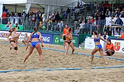 Deutsch: Beachhandball Europameisterschaften 2019 (Beach handball Euro); Tag 5: 6. Juli 2019 – Frauen, Halbfinale, Ungarn-Niederlande 2:0 (19:16, 15:12) English: Beach handball Euro; Day 5: 6 July 2019 – Semifinal Women – Hungary-Netherlands 2:0 (19:16, 15:12)