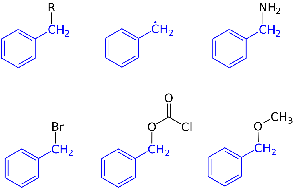 Benzyl group and derivatives: Benzyl group, benzyl radical, benzyl amine, benzyl bromide, benzyl chloroformate, and benzyl methyl ether. R = heteroatom, alkyl, aryl, allyl etc. or other substituents.
