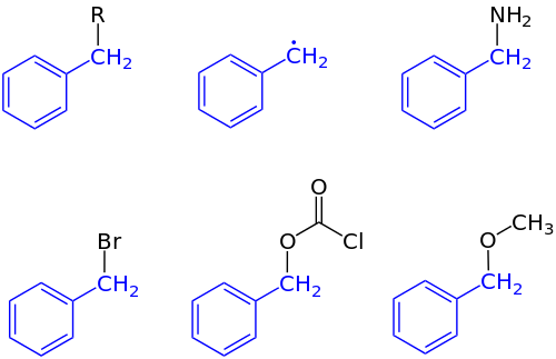 Benzyl group and derivatives: Benzyl group, benzyl radical, benzyl amine, benzyl bromide, benzyl chloroformate, and benzyl methyl ether. R = heteroatom, alkyl, aryl, allyl etc. or other substituents. Benzyl group V.9.svg