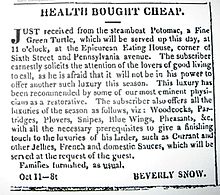 Advertisement for Beverly Snow 's Epicurean Eating House, Washington D.C. Oct 15, 1833 Daily National Intelligencer, p. 2. Beverly Snow DNI Washington DC Oct15 1833 p2. - 2.jpg