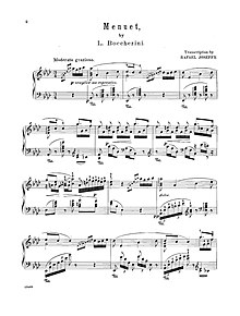 Sheet music for a piano arrangement of the celebrated string quintet in E (an example of a 'cello quintet') by Luigi Boccherini Boccherini String Quintet in E.jpg