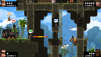 Broforce is a run-and-gun platform game that spoofs several action film heroes. Broforce four players.png