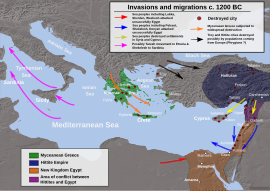 Invasions, destruction and possible population movements during the Late Bronze Age collapse, beginning c. 1200 BC Bronze Age End.svg