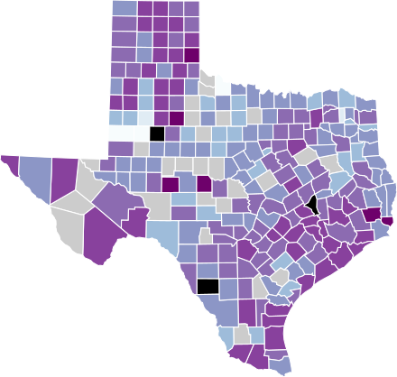 Map of the outbreak in Texas by confirmed new infections per 100,000 people over 14 days (last updated March 2021) .mw-parser-output .legend{page-break-inside:avoid;break-inside:avoid-column}.mw-parser-output .legend-color{display:inline-block;min-width:1.25em;height:1.25em;line-height:1.25;margin:1px 0;text-align:center;border:1px solid black;background-color:transparent;color:black}.mw-parser-output .legend-text{}  1,000+   500–1,000   200–500   100–200   50–100   20–50   10–20   0–10   No confirmed new cases or no/bad data