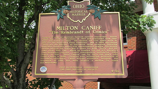 Milton Caniff Ohio Historical Marker located at the Highland County District Library in Hillsboro, Ohio
