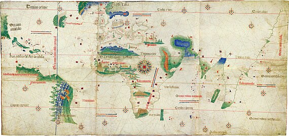 古地図の写真。南アメリカの大西洋側沿岸から東側の世界を記したもので、アフリカやインドが描かれ、東の端はマレー半島に至っている。北側の端にはヨーロッパが見える。